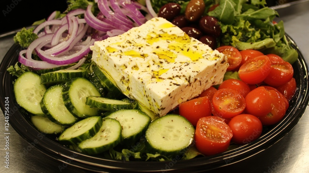 A beautifully arranged Greek salad featuring fresh cucumbers, cherry tomatoes, red onions, olives, and a block of feta cheese drizzled with olive oil, A beautifully arranged Greek salad featuring fresh cucumbers, cherry tomatoes, red onions, olives, and a block of feta cheese drizzled with olive oil,