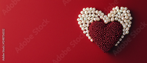 Heart and pearls on red background, elegant and romantic