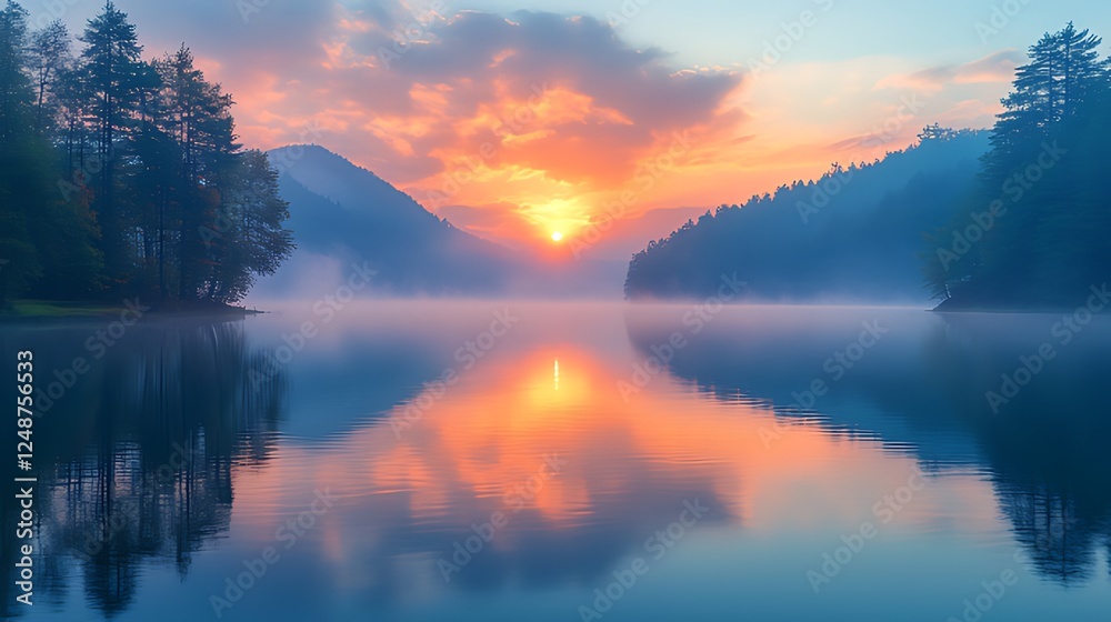 Sunrise over misty mountain lake, calm reflection, autumnal forest Sunrise over misty mountain lake, calm reflection, autumnal forest