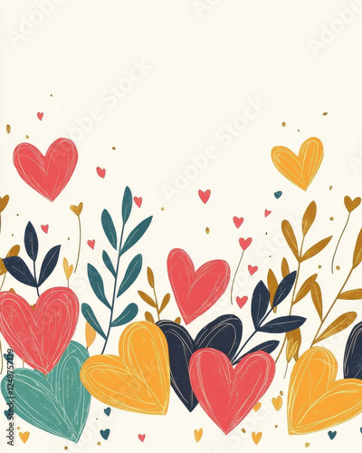 Colorful hearts and leaves border with blank background
