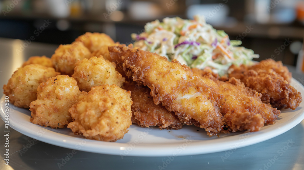 Close-up of a plate with crispy fried fish fillets, golden hush puppies, and creamy coleslaw served in a casual dining setting Close-up of a plate with crispy fried fish fillets, golden hush puppies, and creamy coleslaw served in a casual dining setting