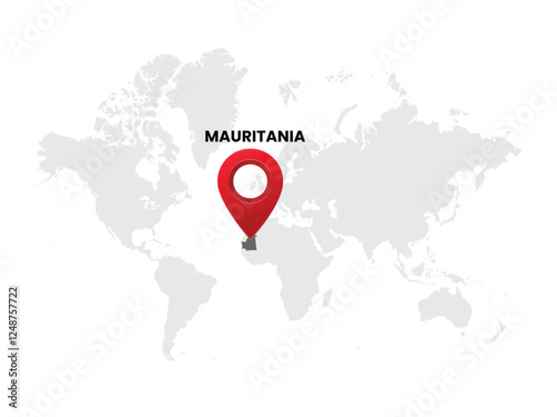 World map with country  Mauritania on White Background. Mauritania Highlighted with Location Symbol. Vector Illustration of Map and Pin Location of Mauritania Country.