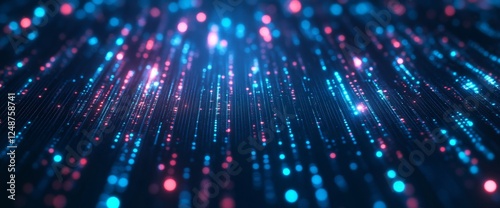 Abstract digital data stream; glowing lines, particles; dark background; tech visuals