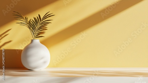 Modern vase with plant against a yellow wall.