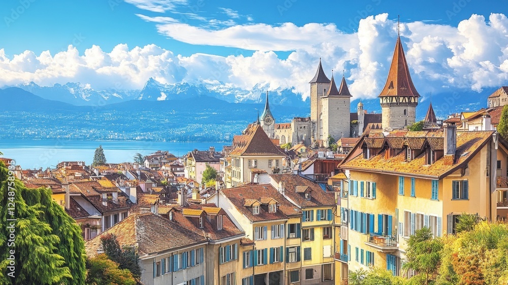 Naklejka premium Scenic View of a Charming Swiss Town with Mountains and Lake