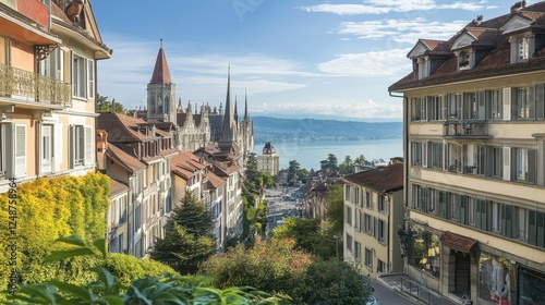 Serene View of Lake Geneva with Charming Buildings and Greenery