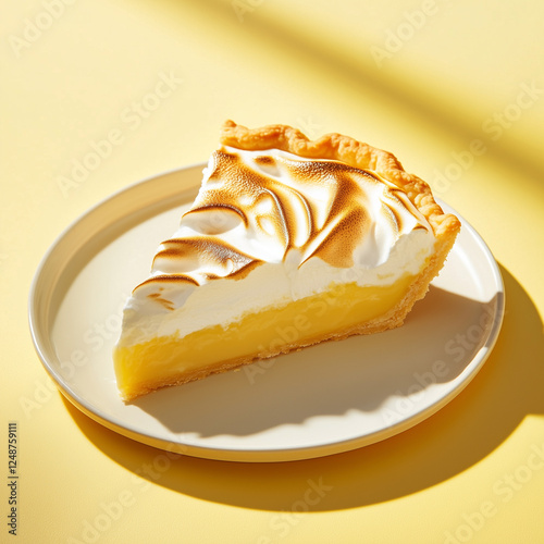Slice of lemon meringue pie with golden toasted peaks, flaky crust, and creamy filling, perfect for dessert lovers, bakery display, sweet treats, and food photography
