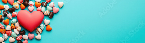 Colorful heart shaped candies on blue background
