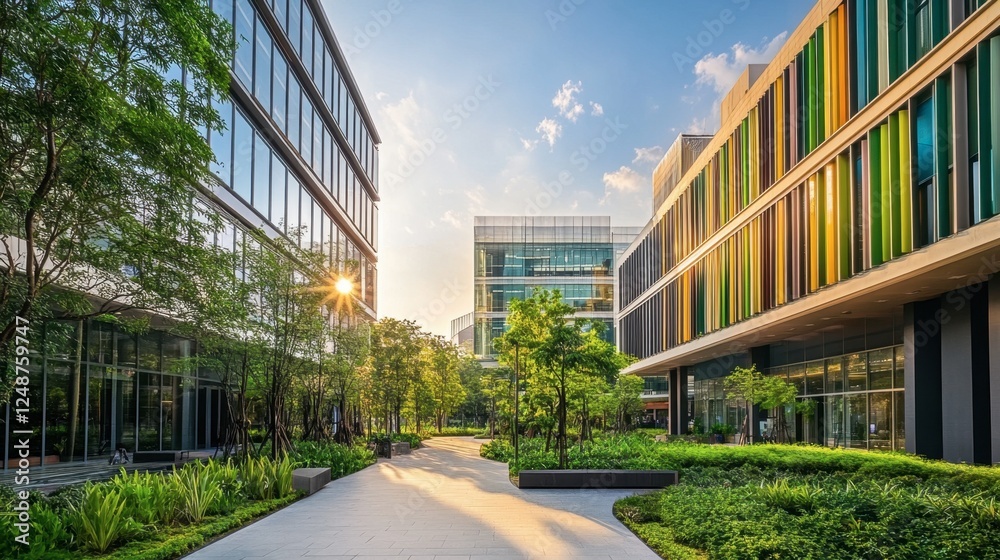 Modern Office Buildings Surrounded by Lush Greenery in Urban Setting Modern Office Buildings Surrounded by Lush Greenery in Urban Setting