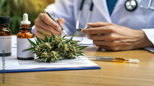 A lab technician conducts research with cannabis and various herbs.