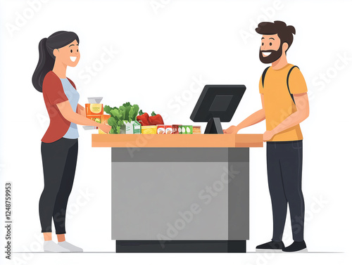 Customers shopping for food in cartoon artwork photo