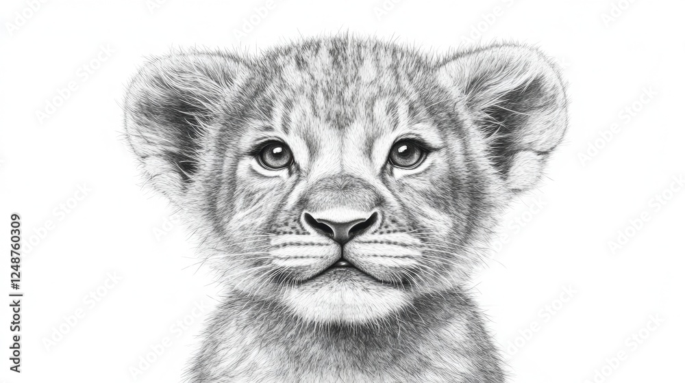 Realistic Pencil Drawing of a Young Lion Cub with Expressive Eyes Realistic Pencil Drawing of a Young Lion Cub with Expressive Eyes