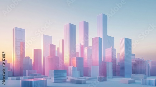 Futuristic Holographic Cityscape with Pastel Gradient Background at Dawn, Capturing a Dreamy Urban Landscape