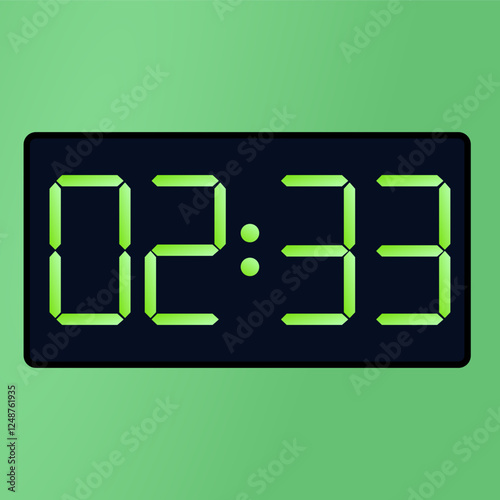 Black smartwatch interface displaying 02:33 vector on a green background. digital alarm clock