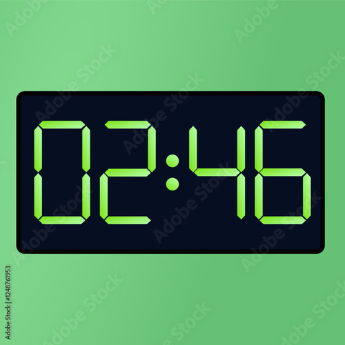 Black smartwatch interface displaying 02:46 vector on a green background. digital alarm clock