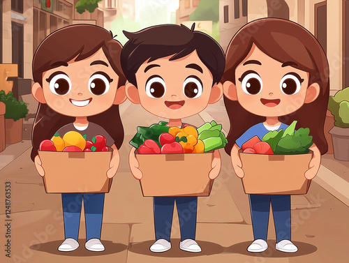 Cartoon illustration of customers buying food in a market photo