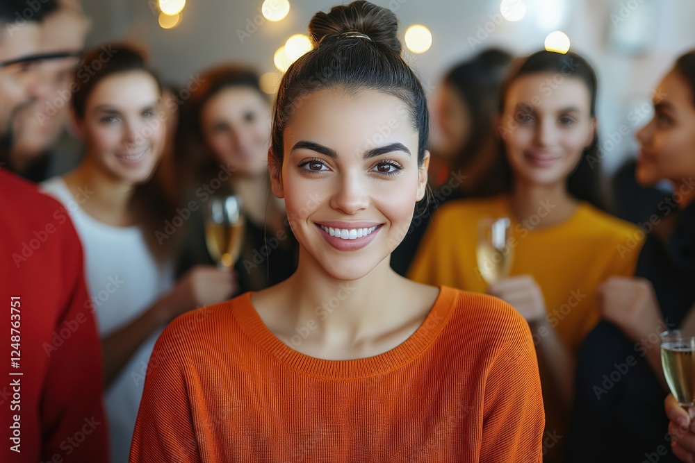 Fototapeta premium A young woman in an orange sweater smiles brightly as she engages with fellow attendees at a festive success event for entrepreneurs