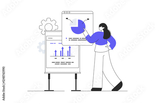 Financial data analysis, analytics concept. Character analyzes graphs, charts, business dashboard, prepares a report. Flat Cartoon Vector Illustration, icon. Stylish abstract 