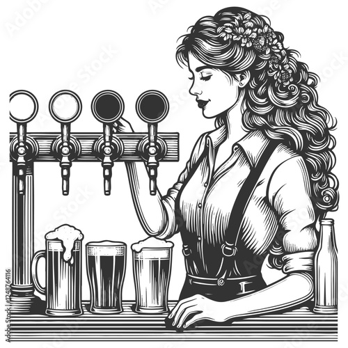 barmaid with long curly hair pouring beer from a tap, with frothy mugs on the counter sketch engraving generative ai fictional character vector illustration. Scratch board. Black and white image.