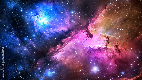 Swirling galaxies and vibrant cosmic colors, with nebulae glowing in shades of purple, pink, and blue, illustrating the cosmic dance of opposing energies. photo