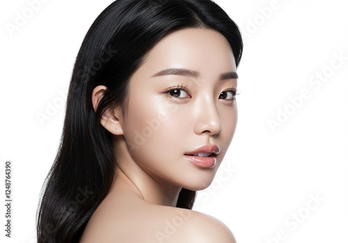 face portrait of beautiful young asian woman. white background. ai generative