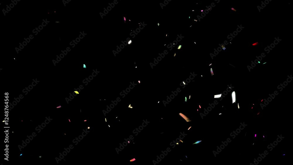 closeup of shiny colorful confetti rain isolated on black background, texture overlay decoration template, loop able motion design element for festive holidays 