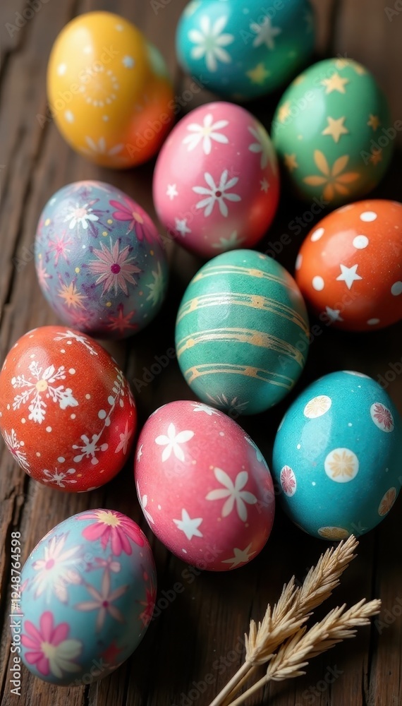 Group of painted Easter eggs, various colors & patterns, wooden background, texture, patterns, rustic Group of painted Easter eggs, various colors & patterns, wooden background, texture, patterns, rustic