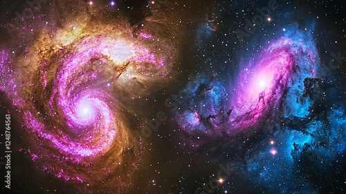 Swirling galaxies and vibrant cosmic colors, with nebulae glowing in shades of purple, pink, and blue, illustrating the cosmic dance of opposing energies. photo