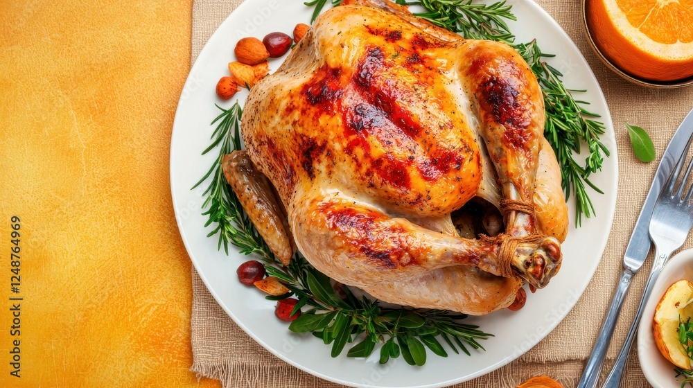 Roasted chicken on a festive table setting. Roasted chicken on a festive table setting.