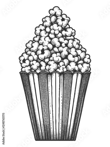 striped popcorn box filled with fluffy popcorn, drawn in an engraved, woodcut style sketch engraving generative ai vector illustration. Scratch board imitation. Black and white image.