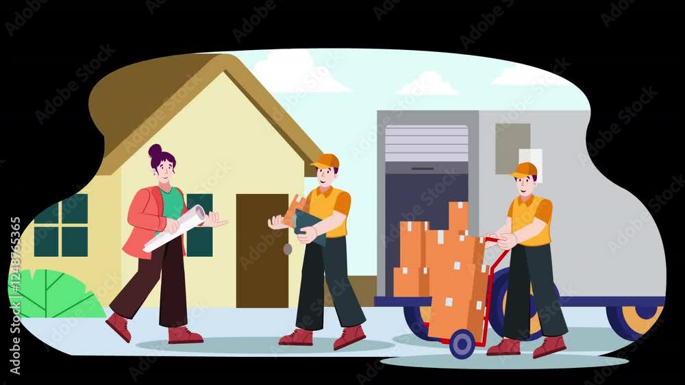 Illustrate the movers and packaging service with vector animation. Characters prepare packages, load trucks, and deliver goods in a clean, scalable design format. Illustrate the movers and packaging service with vector animation. Characters prepare packages, load trucks, and deliver goods in a clean, scalable design format.