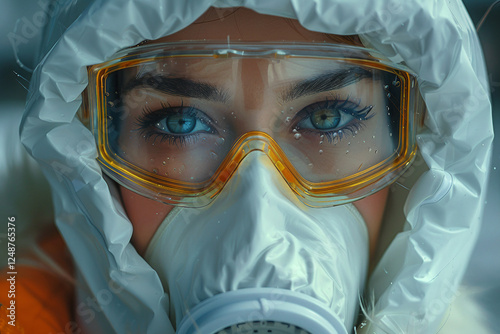 Close up photo of person wear gas mask and protective clothing in industrial environment photo