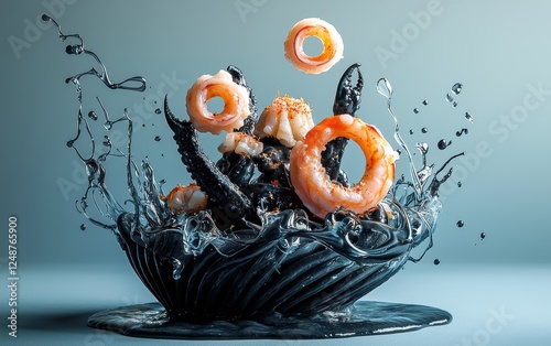 A bold squid ink pasta dish with seafood toppings, floating calamari rings, and a swirl of dark sauce, pastel blue-gray background photo