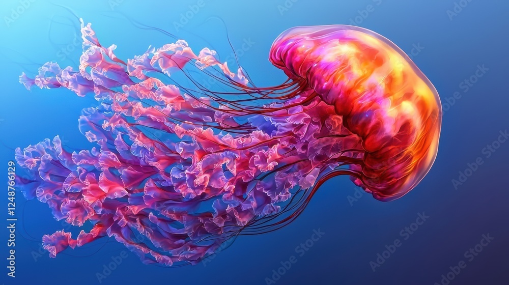 Fototapeta premium A vibrant jellyfish gracefully floats in deep blue waters, showcasing its colorful tentacles and ethereal beauty.