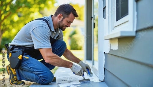 Professional painter working on home improvement outdoors
