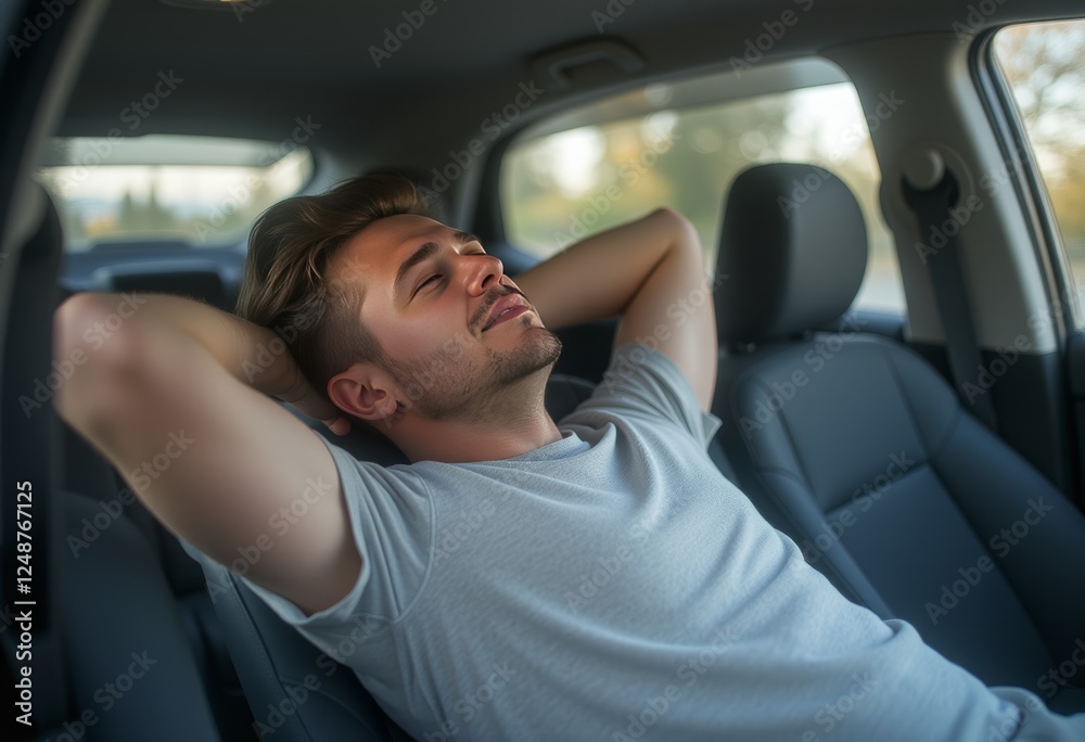 Person relaxing in the back seat of a car with both arms resting behind the head, wearing a light gray t-shirt, with the car's interior and blurred exterior background visible Person relaxing in the back seat of a car with both arms resting behind the head, wearing a light gray t-shirt, with the car's interior and blurred exterior background visible