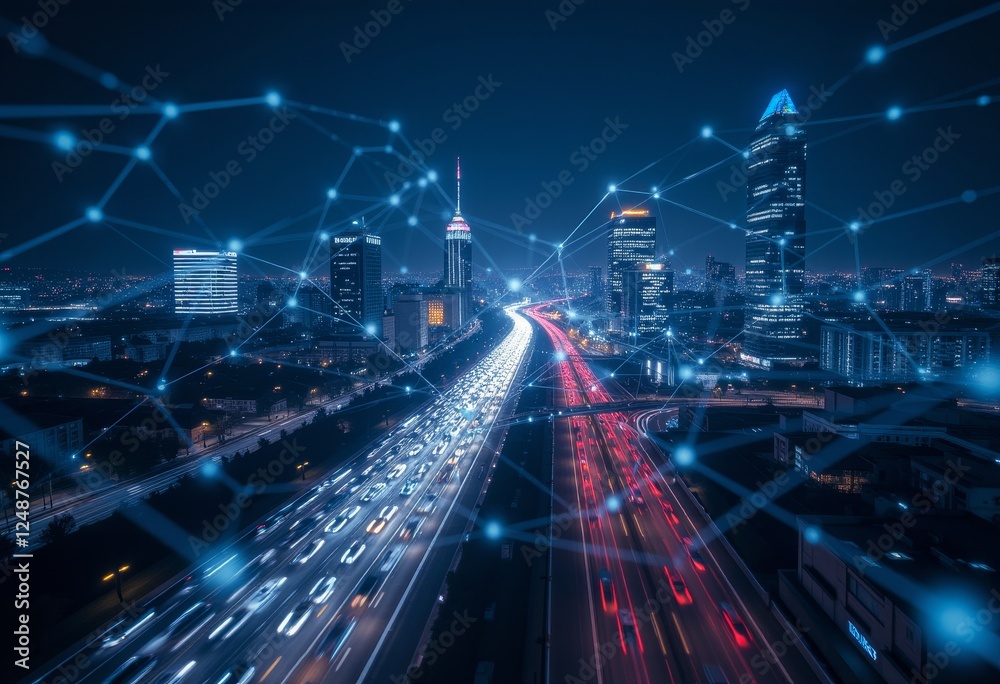 Nighttime Cityscape with Illuminated Highways and Buildings Nighttime Cityscape with Illuminated Highways and Buildings