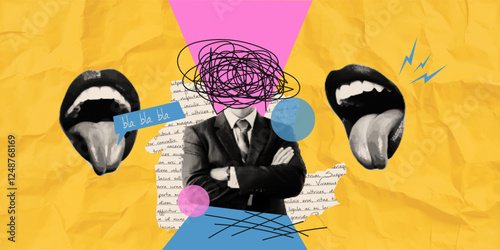 Set of elements halftone man, mouth, torn paper for creating a collage. Vector template of depression, mental health, thoughts, and work.