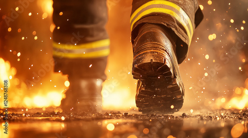 A close-up of a firefighter's rugged boots walking through a burning landscape, surrounded by flames, embers, and smoke, symbolizing bravery.  
