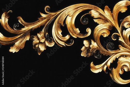 ornate gold baroque corner design, intricate swirling patterns, metallic filigree details, symmetrical acanthus leaves, vintage ornamental style