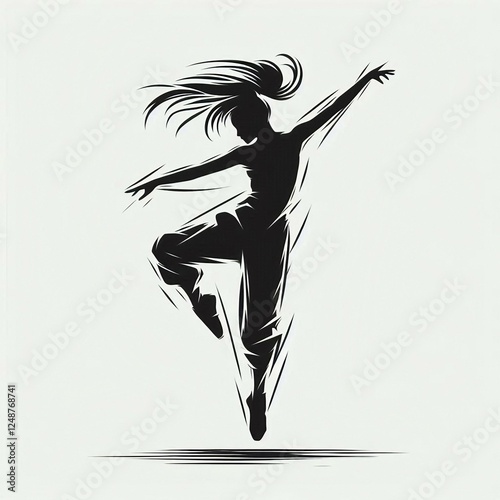 Minimalist black and white silhouette of dancing girl with ponytail