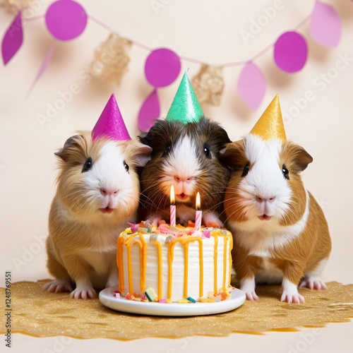 Adorable Guinea Pig Birthday Celebration Scene with Party Hats and Gifts