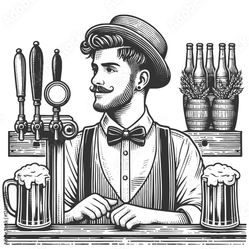 bartender with a mustache standing confidently behind a bar, featuring a beer tap and frothy mug sketch engraving generative ai vector illustration. Scratch board imitation. Black and white image.
