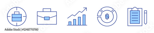 target, suitcase, stats, statistics, report. Icon vector illustration. Line Duotone style. Editable stroke