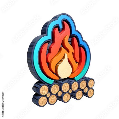 3D colorful fire icon with wooden texture isolated on white background