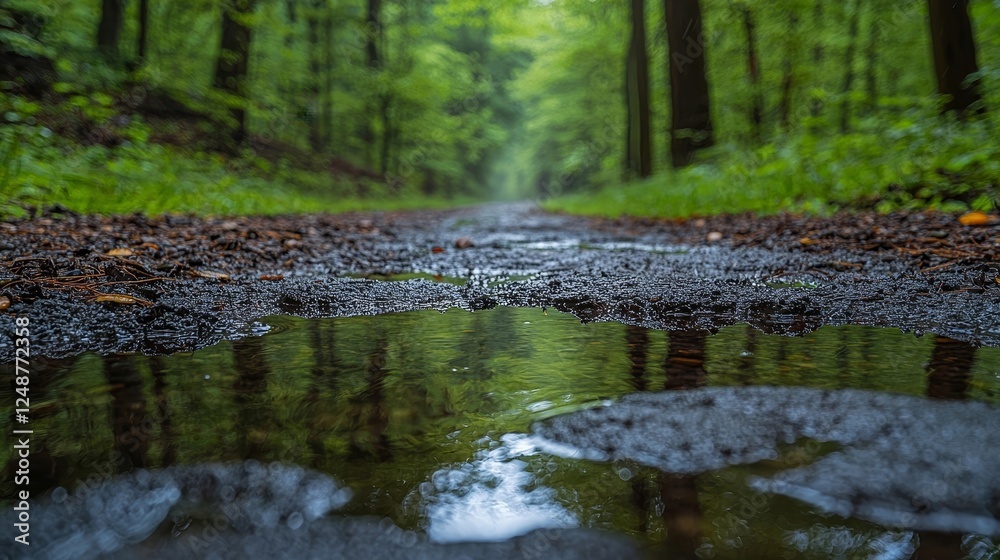 Serene Country Road During Gentle Rainstorm with Puddles and Dripping Leaves Serene Country Road During Gentle Rainstorm with Puddles and Dripping Leaves