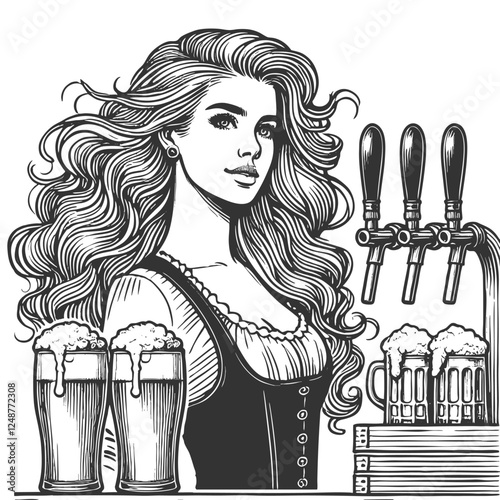 barmaid with long curly hair pouring beer from a tap, with frothy mugs on the counter sketch engraving generative ai fictional character vector illustration. Scratch board. Black and white image.
