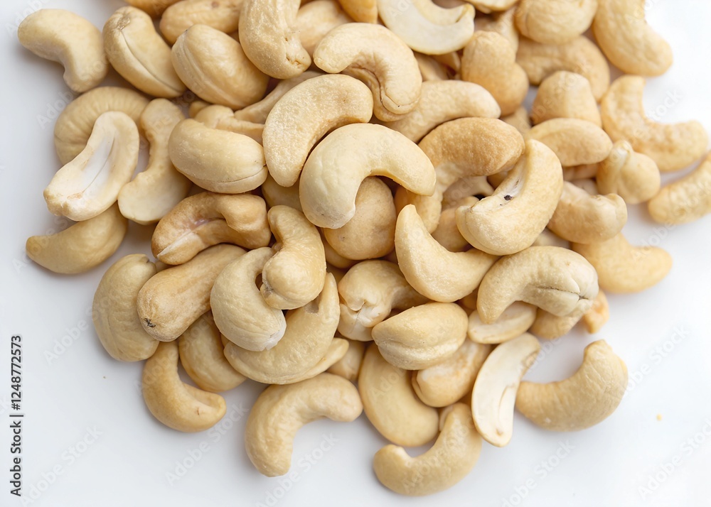 A pile of cashews arranged neatly on a white A pile of cashews arranged neatly on a white