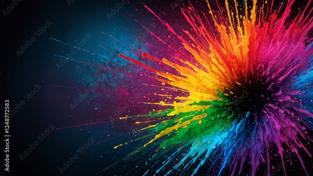Obraz premium Explosive rainbow paint splatter creates a vibrant burst on a dark background