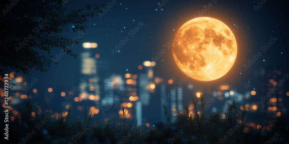 Fototapeta premium Radiant full moon illuminating a city skyline during the spring equinox night